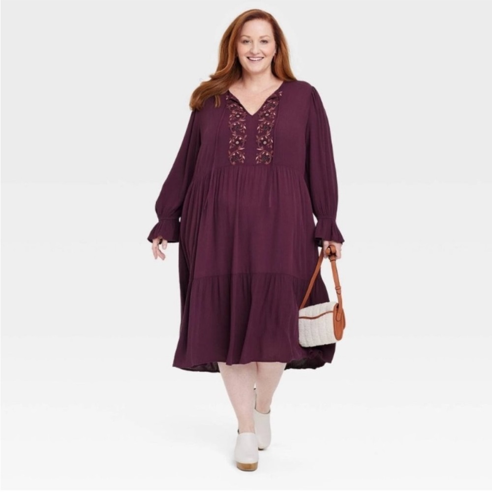 Elegant Purple Women's Dress Plum Embroidered Midi Boho Relaxed Fit New